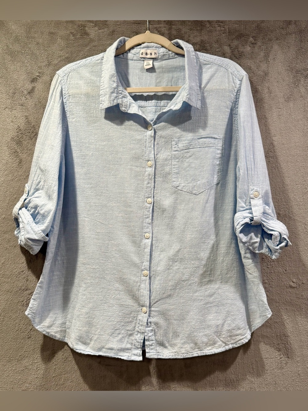 Dash Womens Petite XL Button‎ Down Shirt Roll Tab Sleeve Cotton Blue Lagenlook